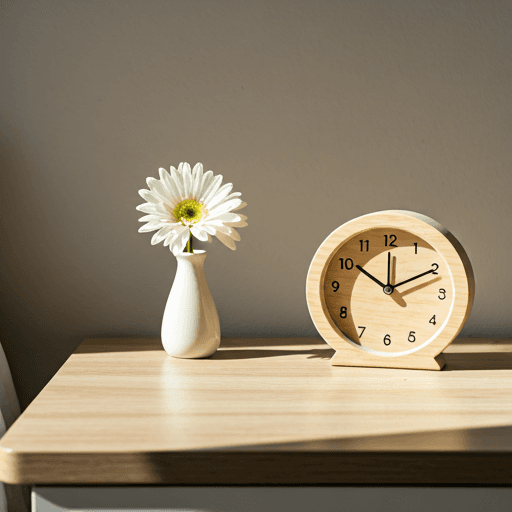 朝の光の中の時計と花瓶