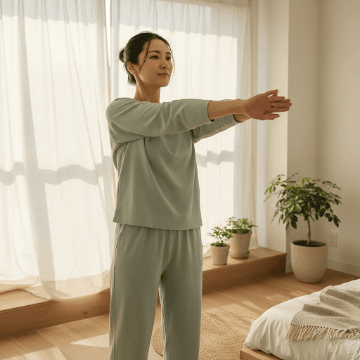 朝のやさしいストレッチをする女性