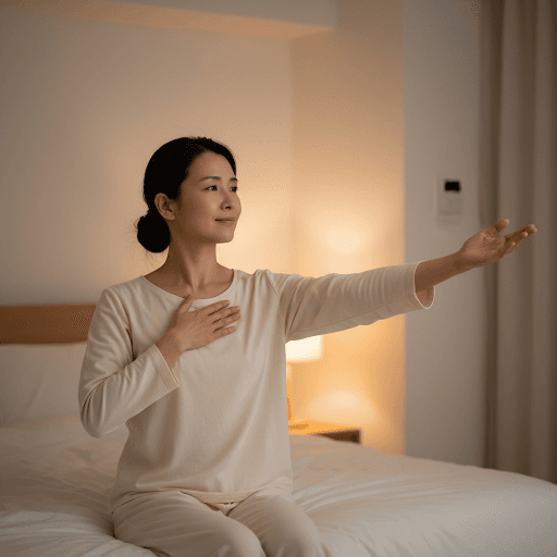 A Japanese woman performing a gentle pre-sleep body-opening movement while breathing deeply.