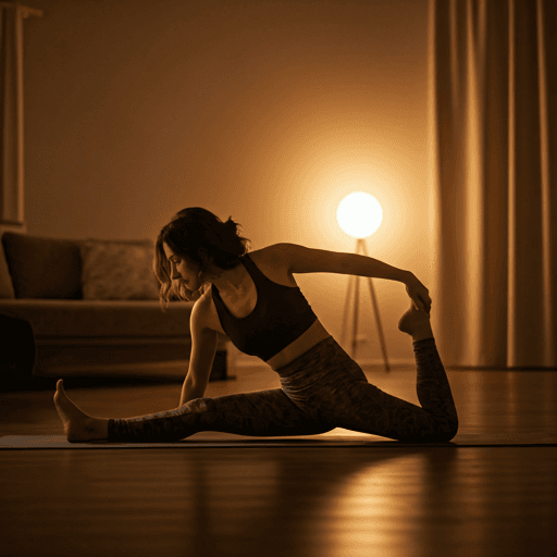 Japanese woman performing a gentle shoulder release movement in a warm bedside setting