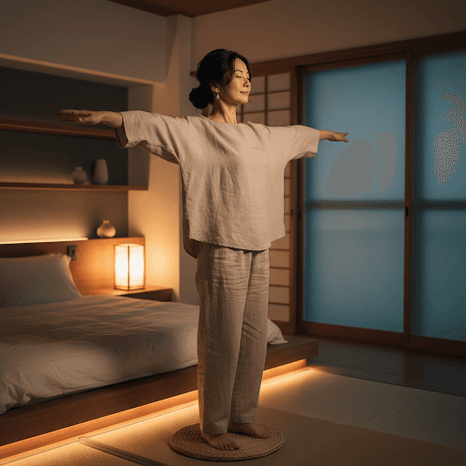 Japanese woman performing a gentle shoulder release movement in a warm bedside setting