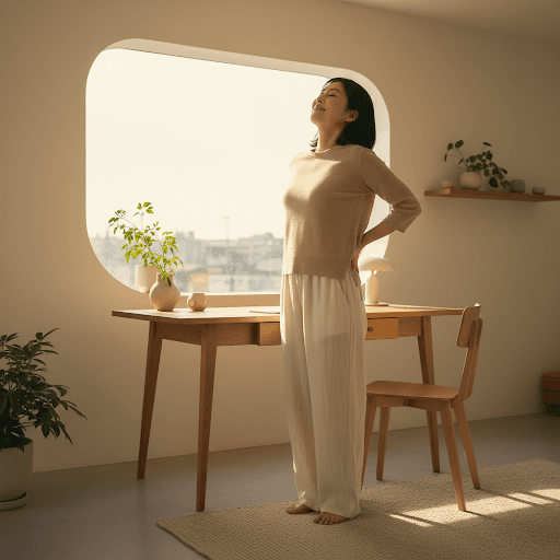 Japanese woman performing a gentle shoulder and upper-back opening movement
