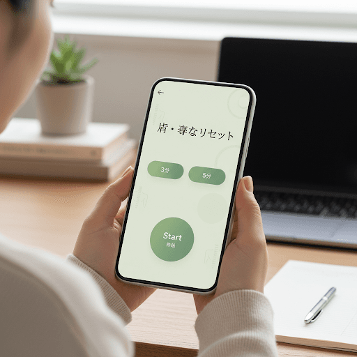 Japanese person using wellness app UI on smartphone