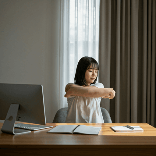 Japanese woman performing a gentle shoulder stretch