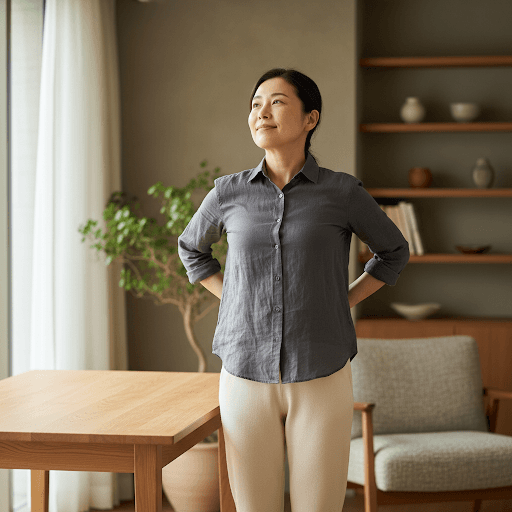 Japanese person performing upper body reset in home office