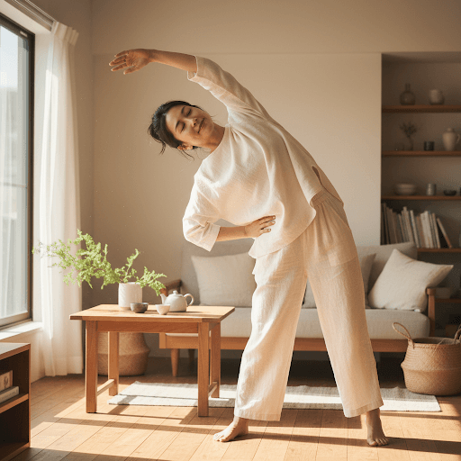Japanese woman performing a gentle side stretch at home